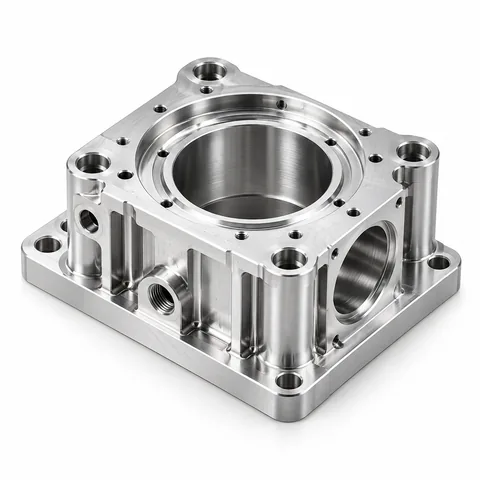A silver machined aluminium housing